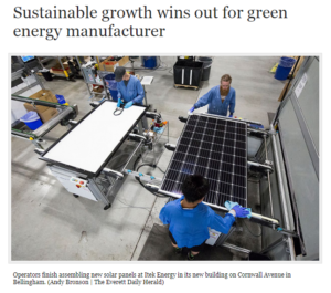 Bellingham Business Journal headline greed energy manufacturer sustainable growth